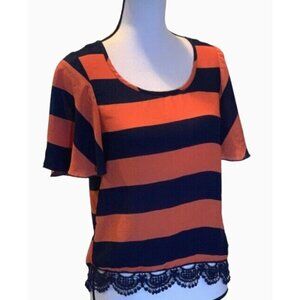 Rue 21 Womens Stripe Blouse Top Size XS Short Sleeve Lace Hem Navy Blue Orange